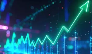 Enterprise leader analyzing AI-driven market intelligence dashboard showing predictive business forecasting data