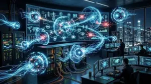 AI-powered network operations center showing real-time telecom infrastructure monitoring and autonomous system management