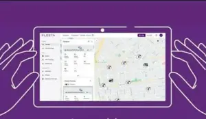 FLEETA Web Viewer dashboard showing fleet vehicles, safety alerts and GPS tracking data
