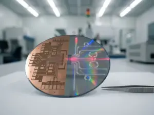 Diagram of optical chip architecture showing light-based data processing compared to traditional electronic chips
